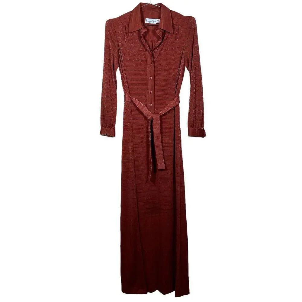 Vintage 70s Orange‎ long Sleeve Shimmery Shirt Dress 10/12